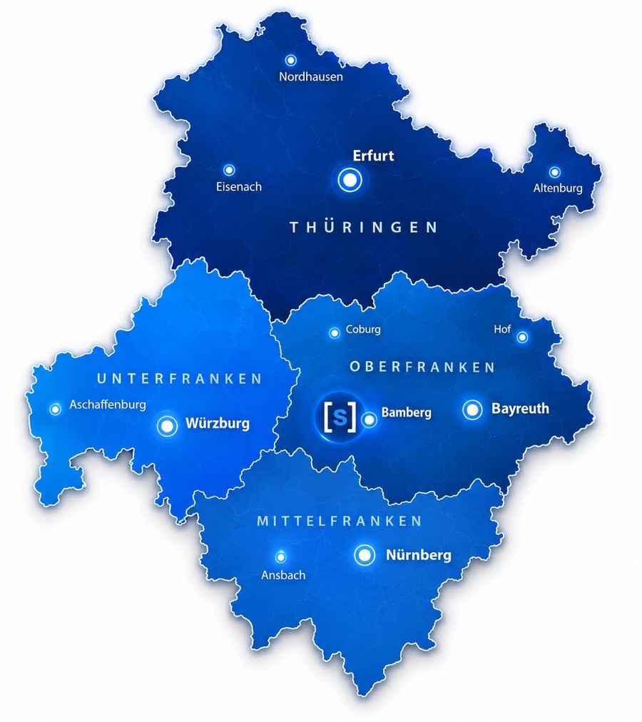Karte des Einzugsgebiets: Oberfranken, Unterfranken, Mittelfranken und Thüringen. Der Standort von Stannek liegt bei Bamberg.